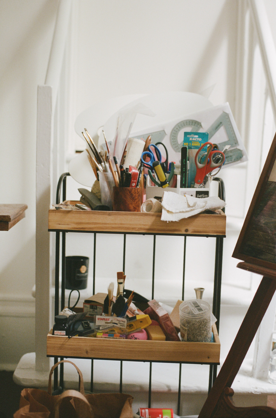 Storage cart filled with art supplies