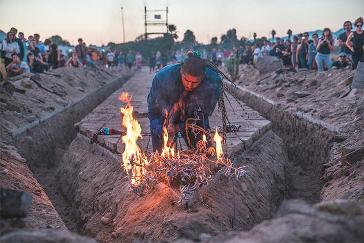 Rafa Esparza performing Building: A Simulacrum of Power, 2014, in Los Angeles. Photo by Dylan Schwartz.