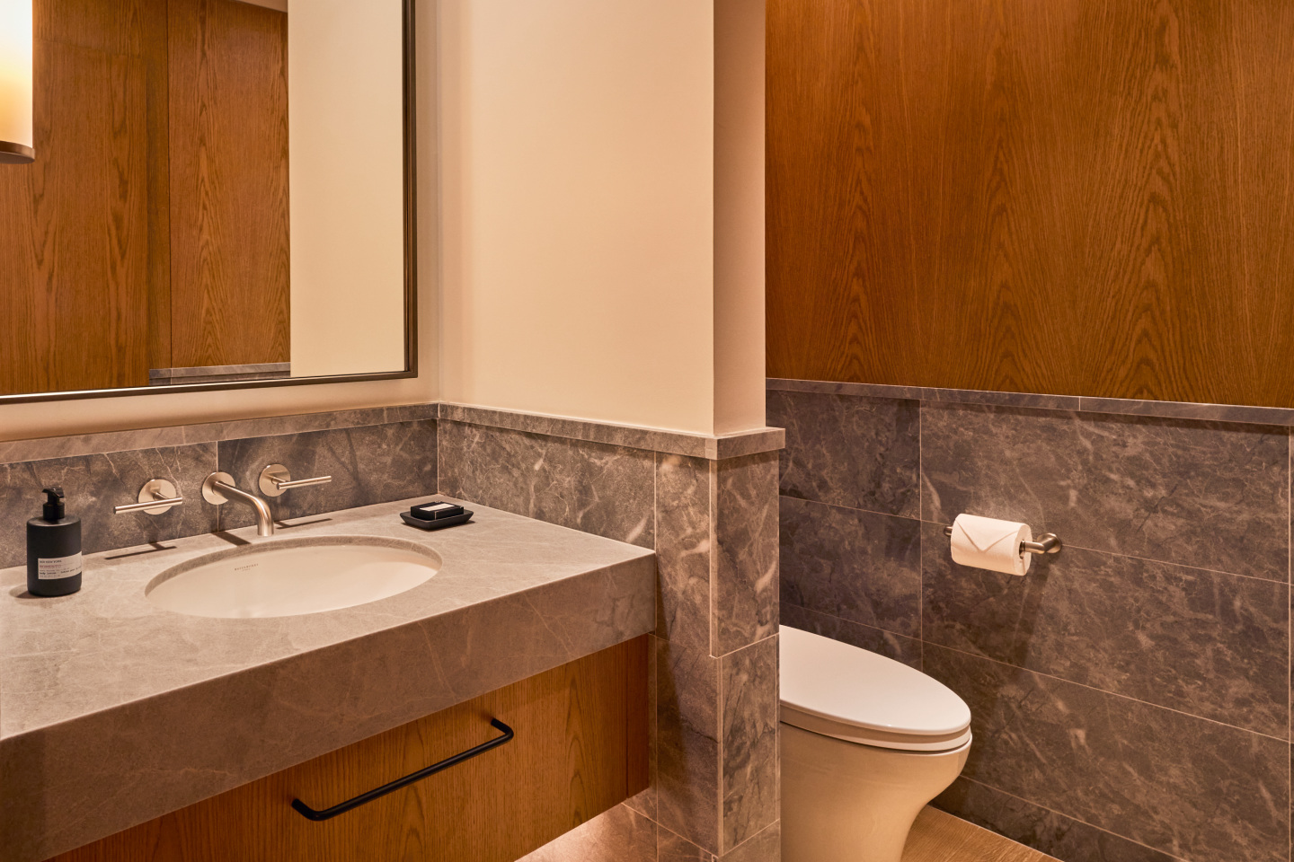 A guest bathroom in a hotel.
