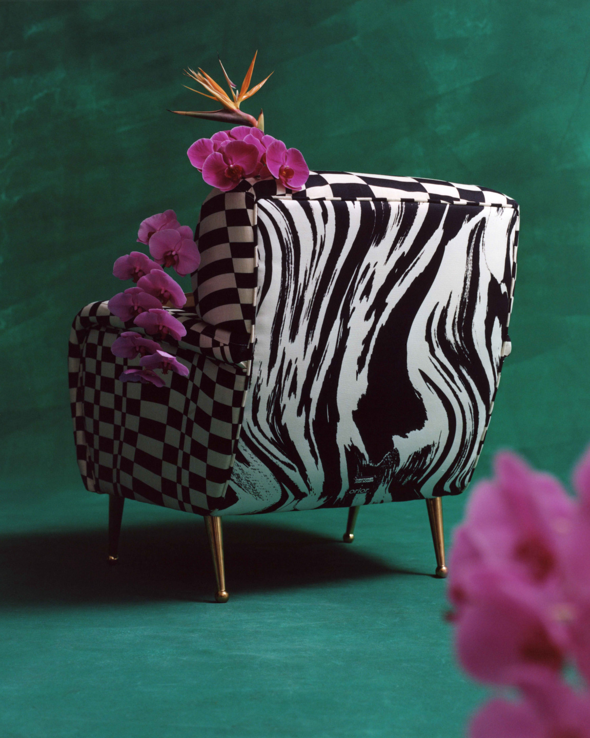 The back of a black and white checkered and zebra print arm chair with pink flowers against a dark green backdrop