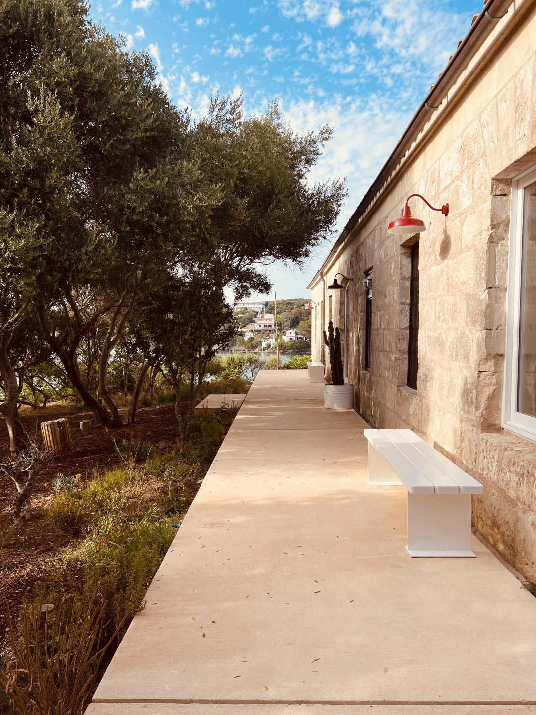 Outdoor corridor with benches and trees.