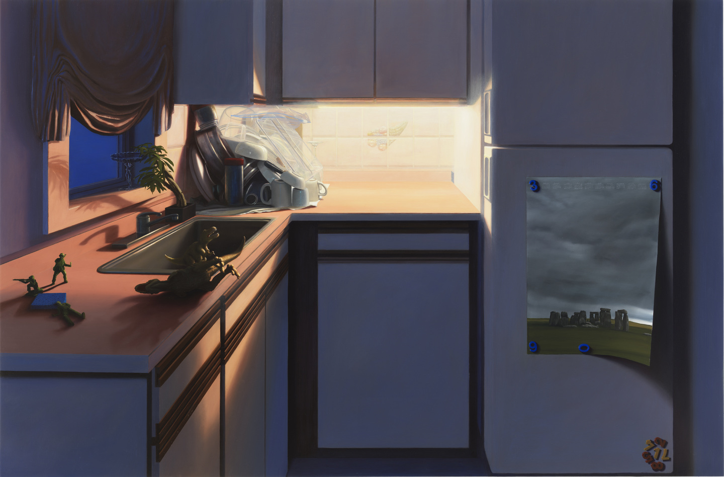 Painting of a kitchen at night with toy soldiers on counter.