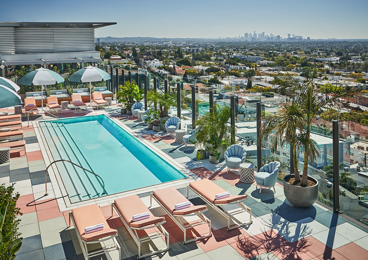 A rooftop pool at a hotel.