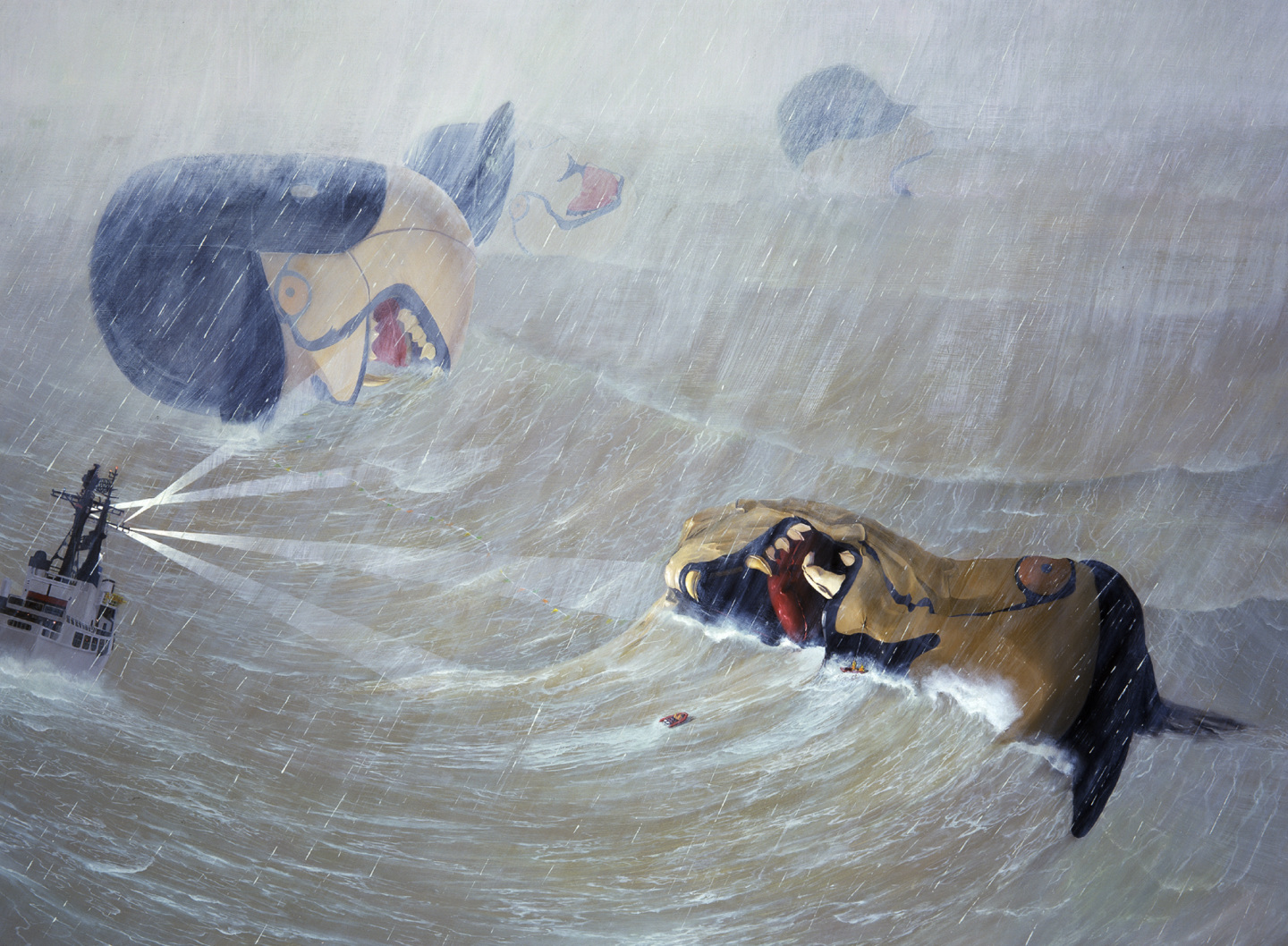 Painting of inflatable heads at sea in a storm.