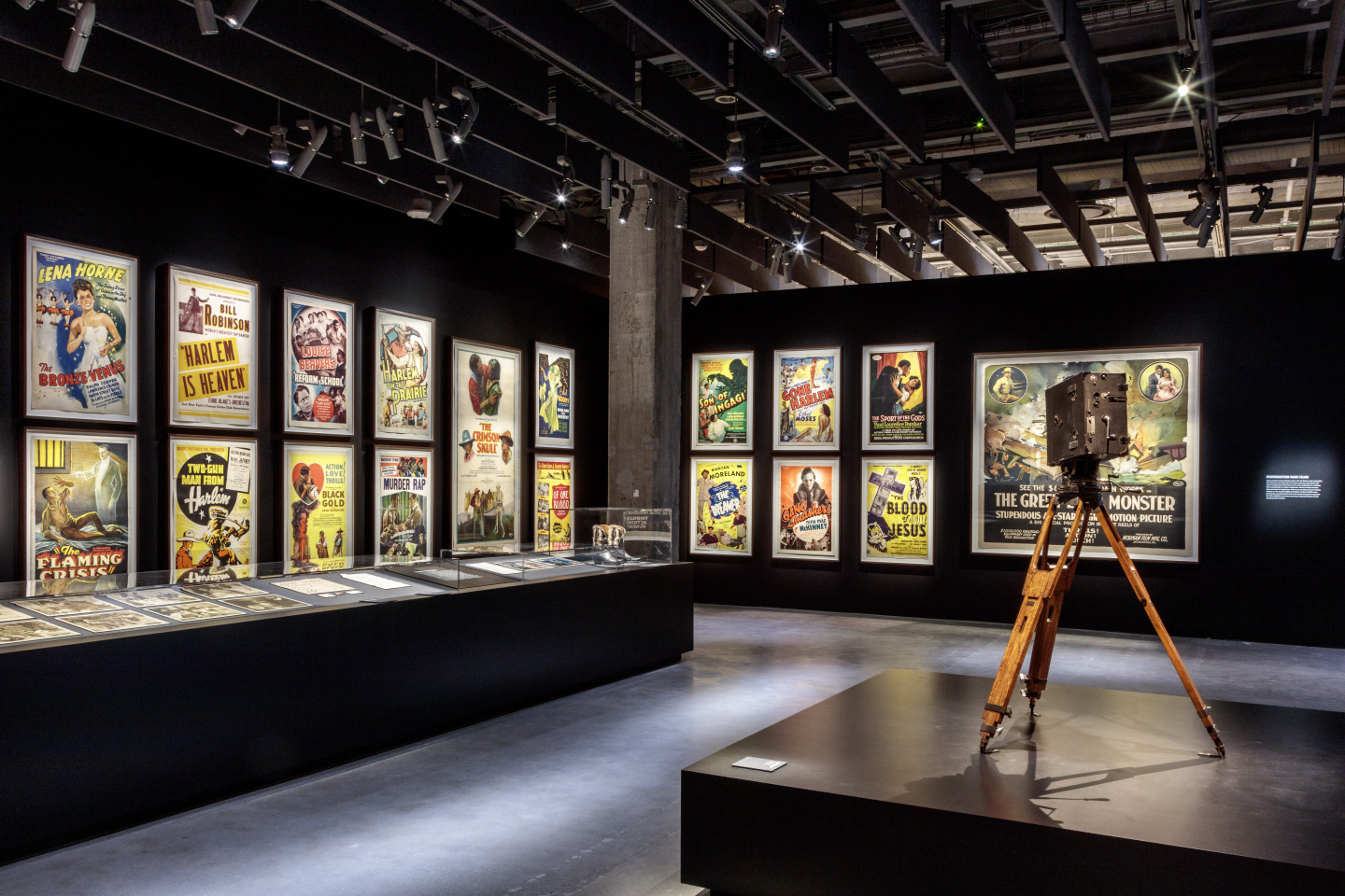 Installation view of a wall with film posters and a vintage camera on display.