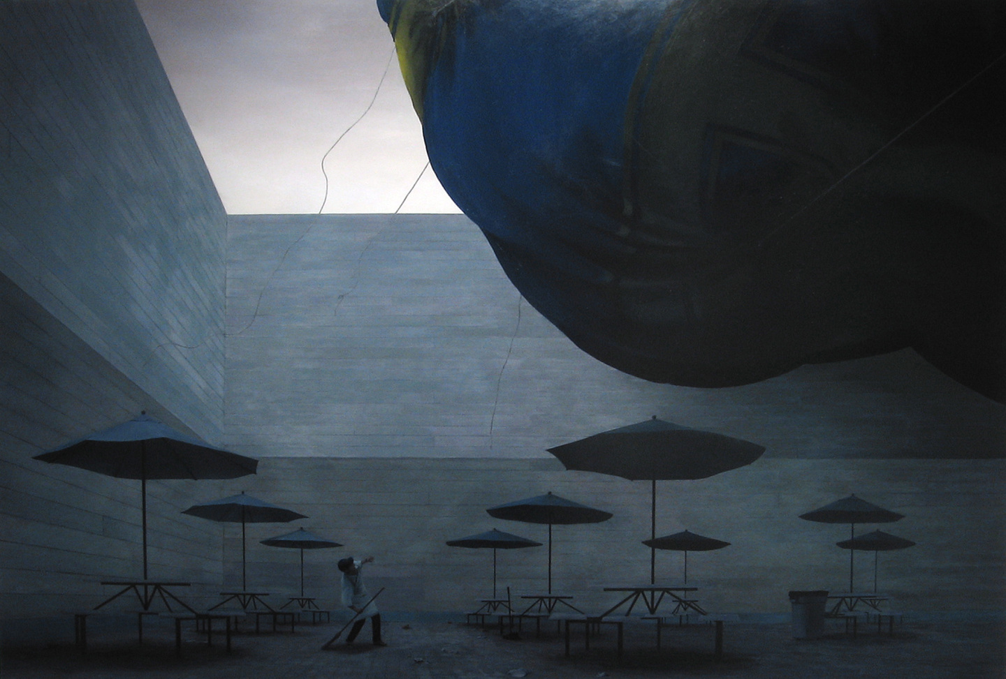 Painting of a man cowering under a giant rock.