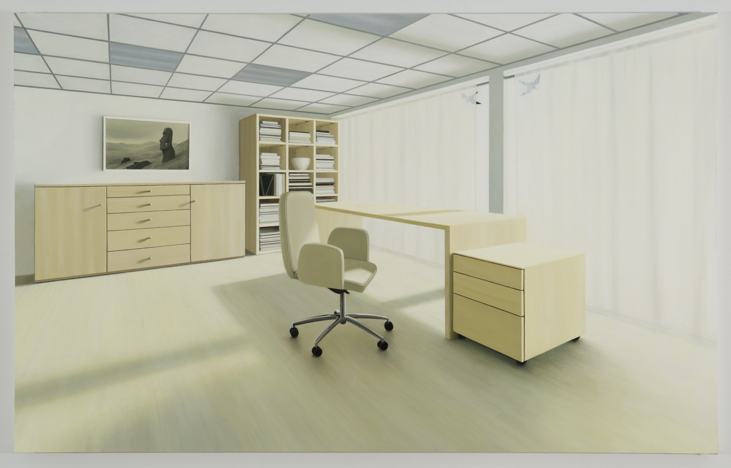 Painting of a neutral office space.