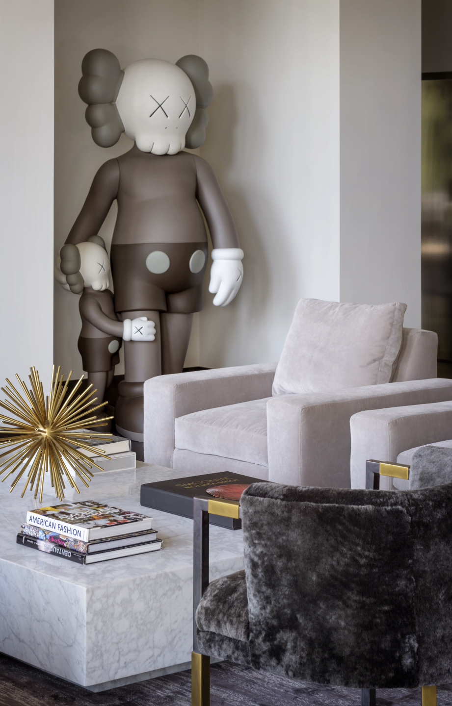 Statue in a living room.