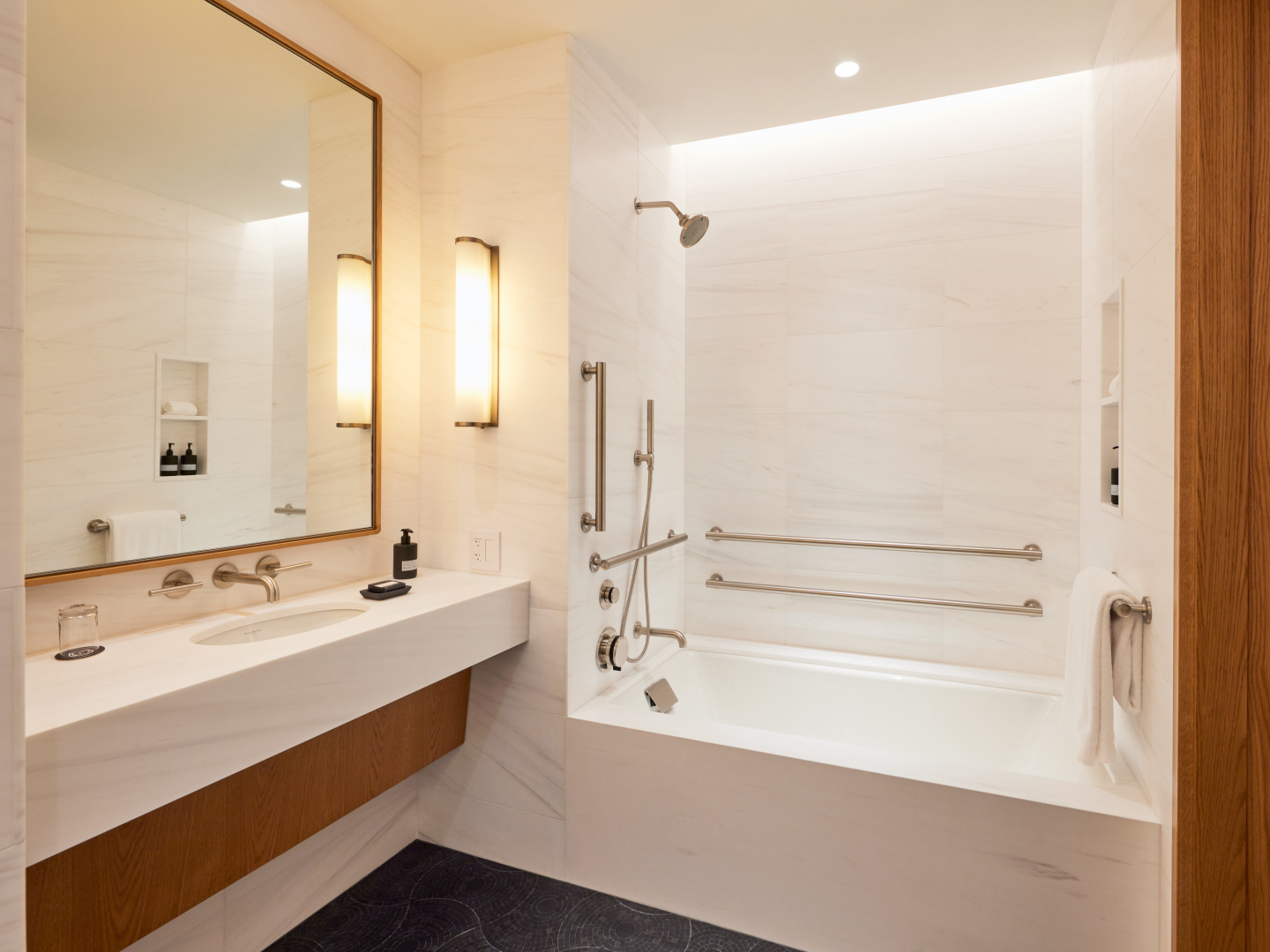 A marble hotel bathroom.