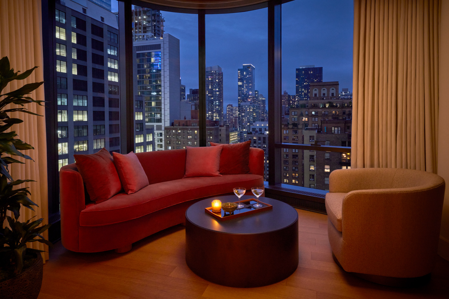 A hotel sitting room at night.