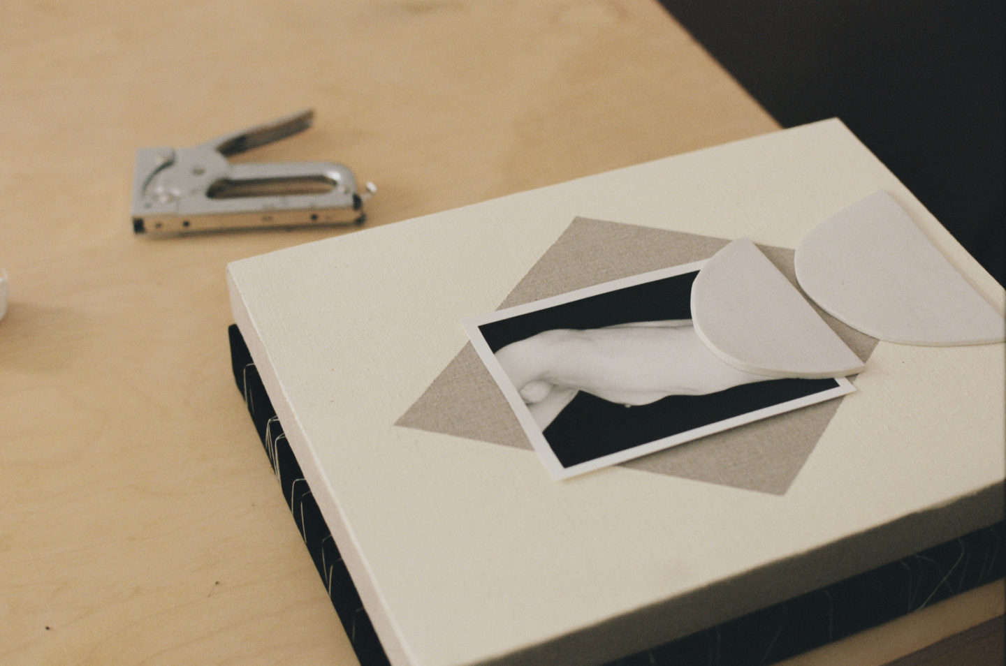 Artwork box placed on wooden table