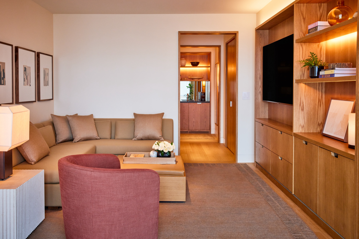 A hotel room seating area.