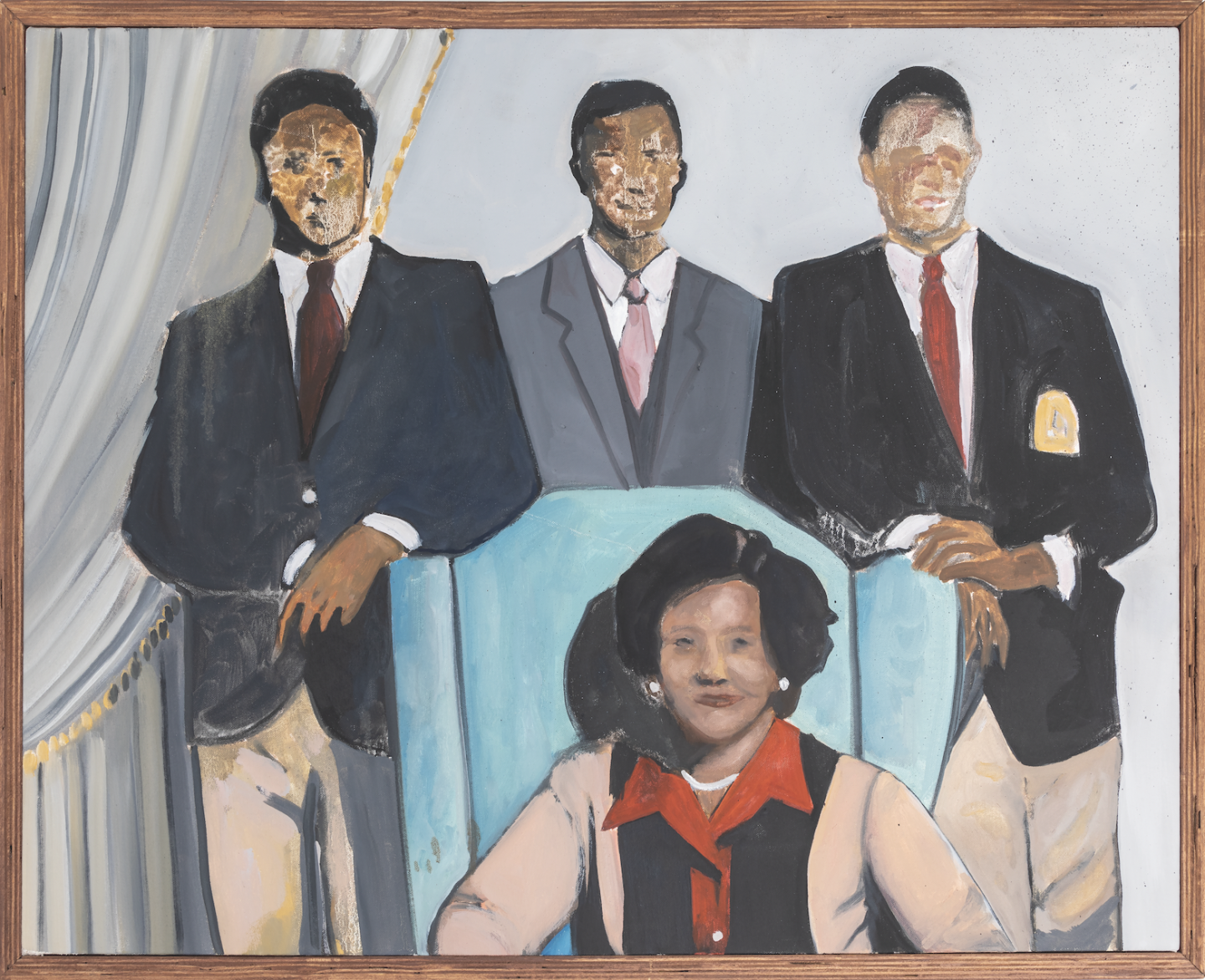 painting of a women sitting in front of three men with blurry faces.