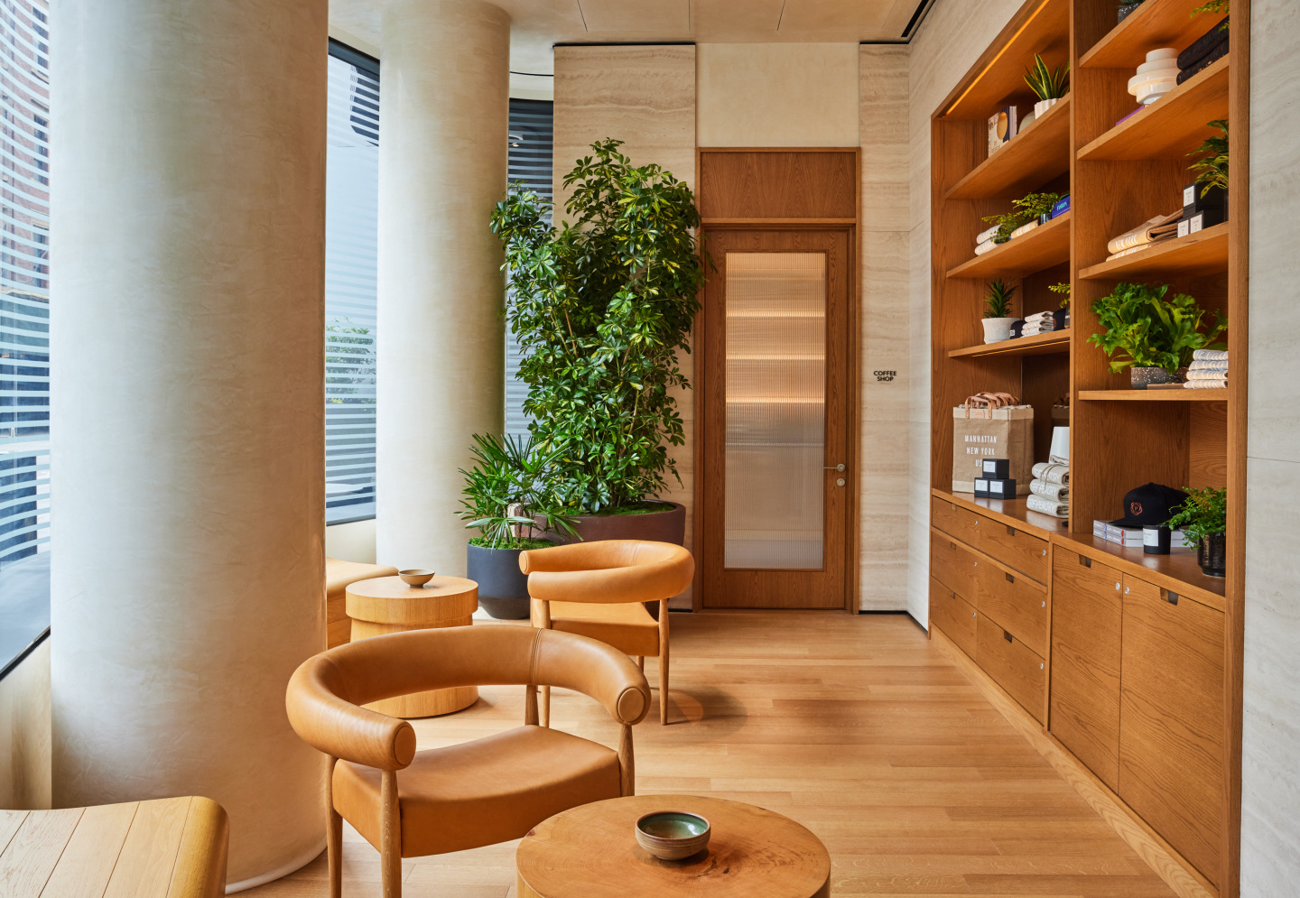 A retail and seating area in a hotel.