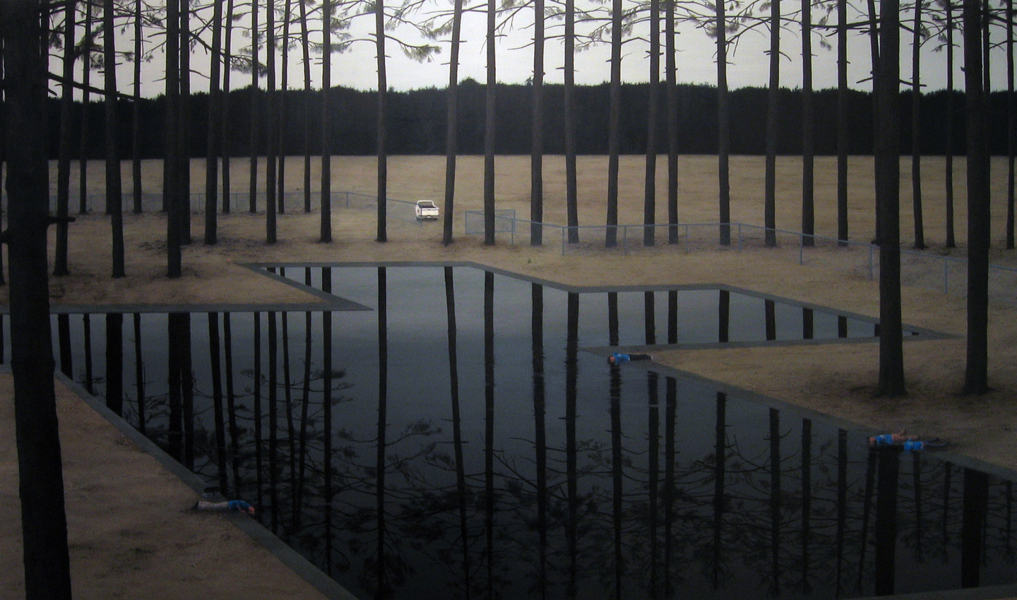 Eerie painting of a body of water with bodies lying around it.