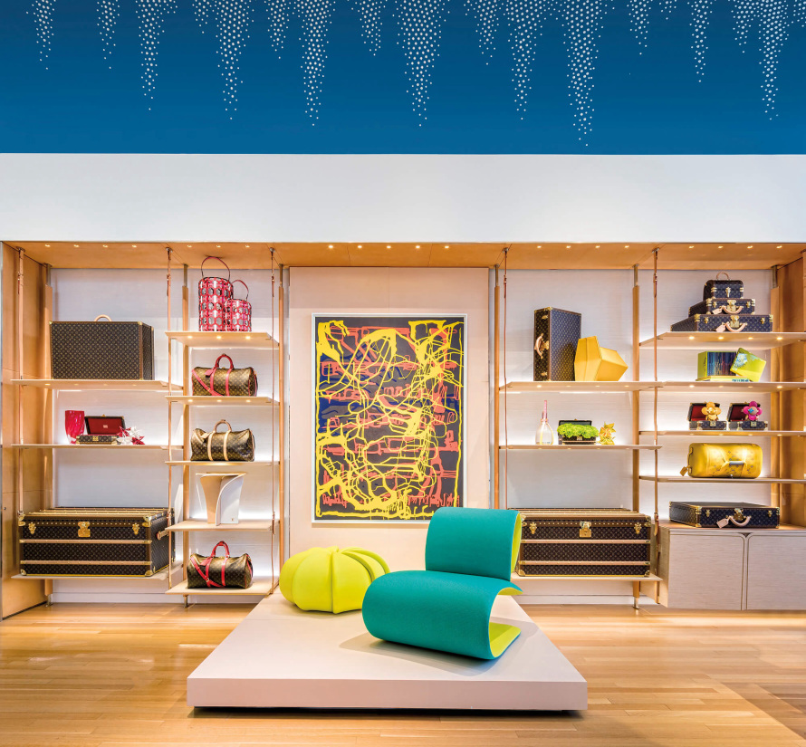 furniture with handbags in shop