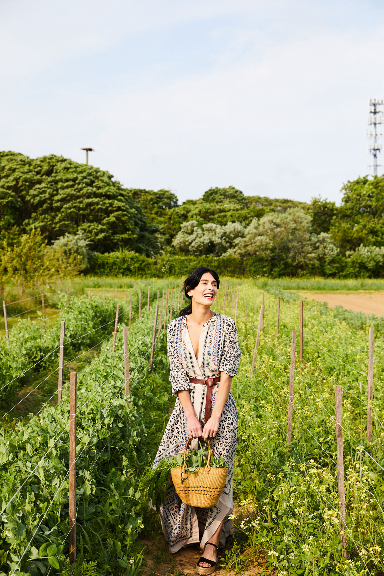 Woman with basket stands in fields