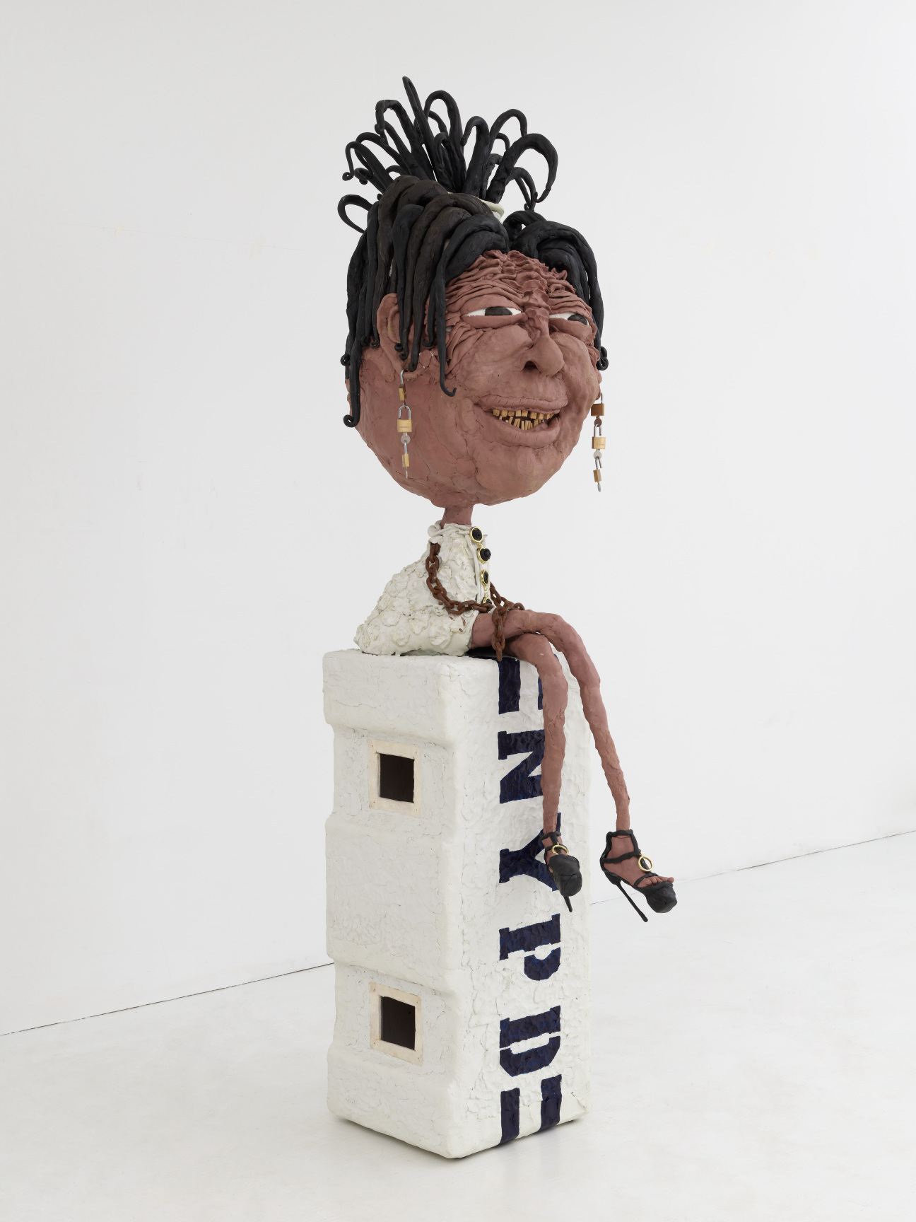 NYPD, 2022 Wood, steel, mesh, resin, paint, chains, locks, buttons 92 x 22 x 29 inches. Image courtesy the artist and Chart gallery. Photograph by Weston Wells.