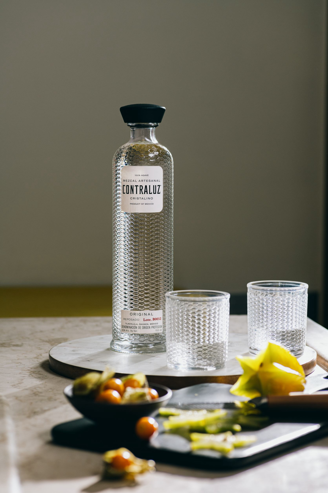 The bottle design of Contraluz Cristalino Mezcal.
