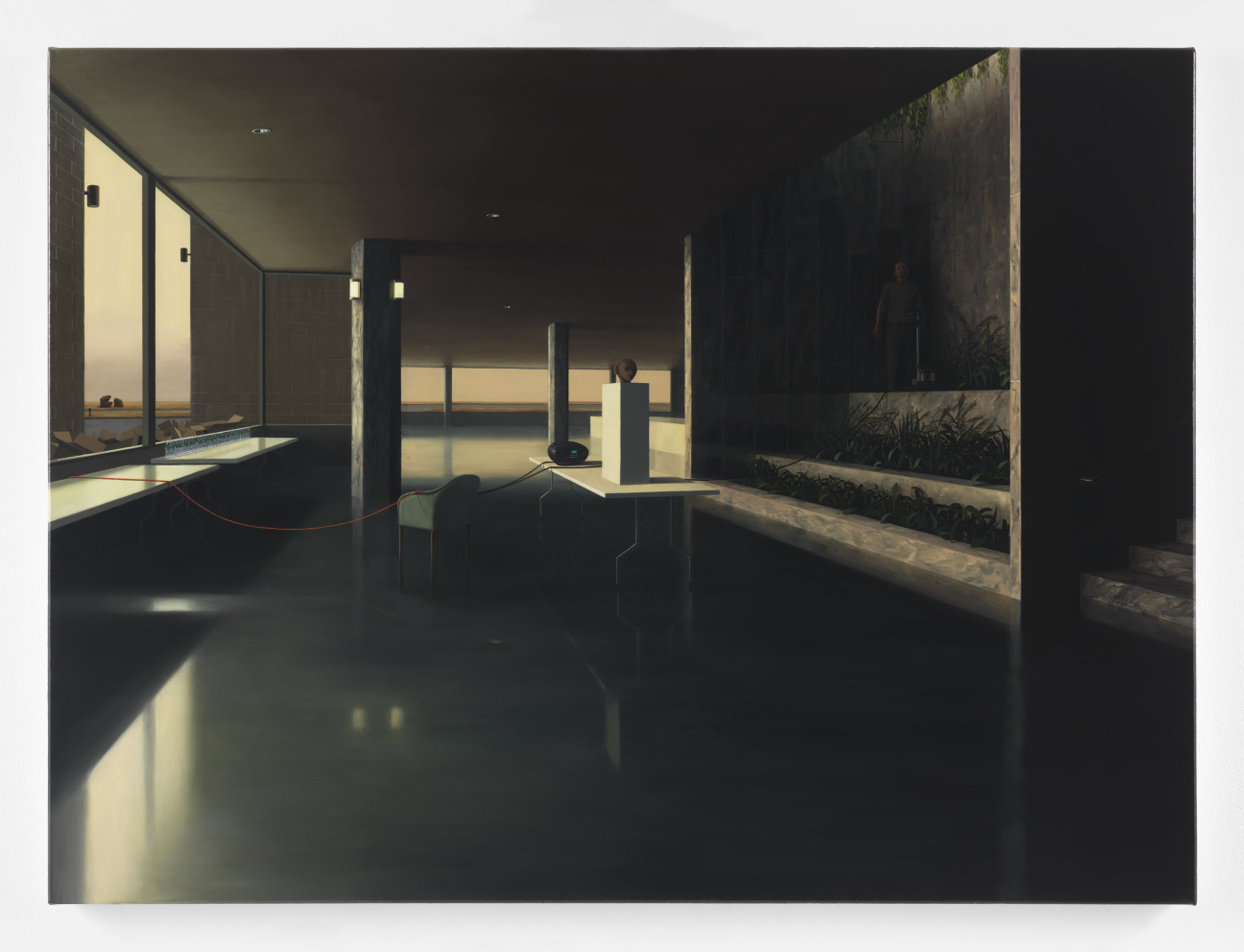 Painting of a man waxing the floors.
