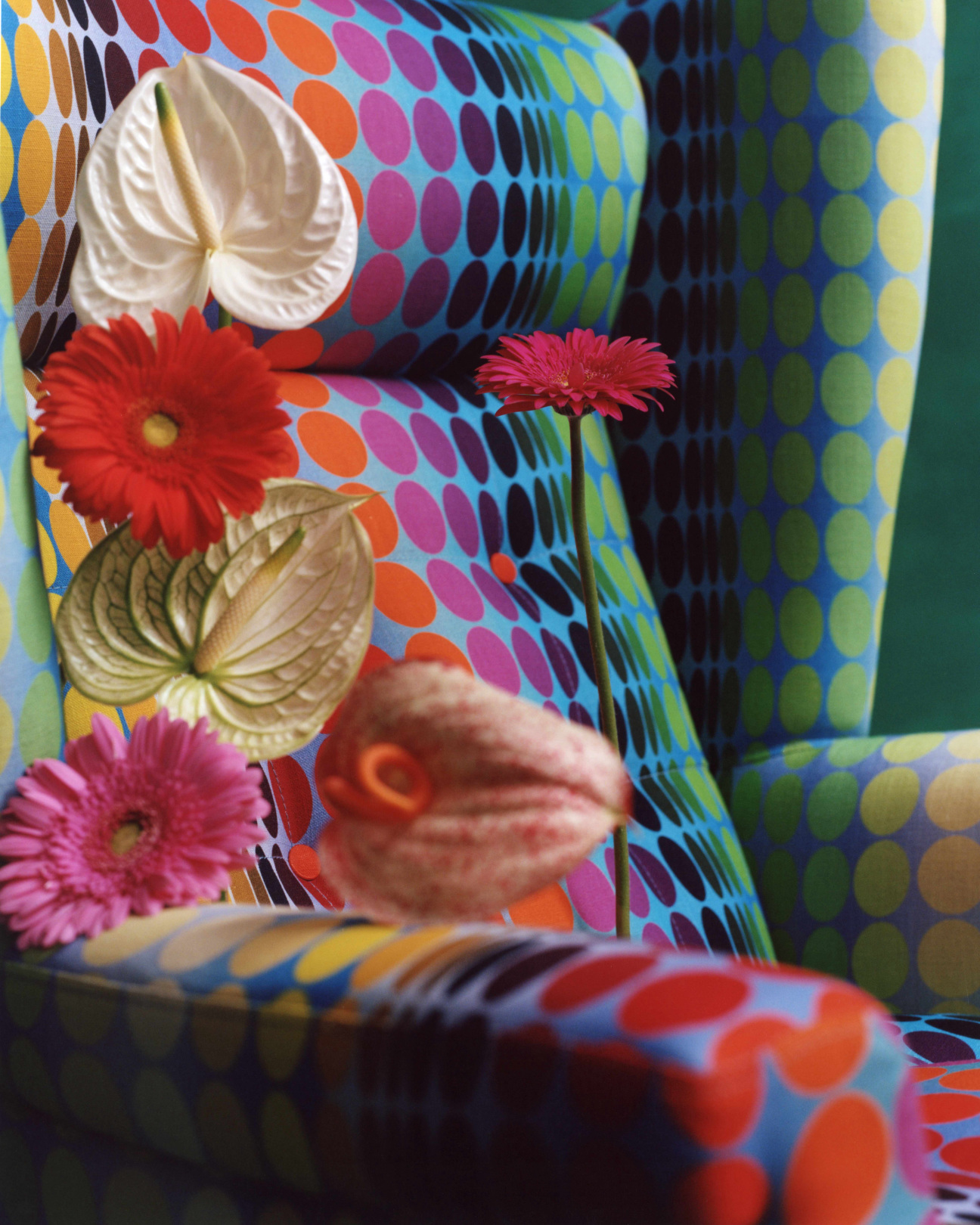 Closeup image of rainbow circular patterned chair and a flower arrangement.
