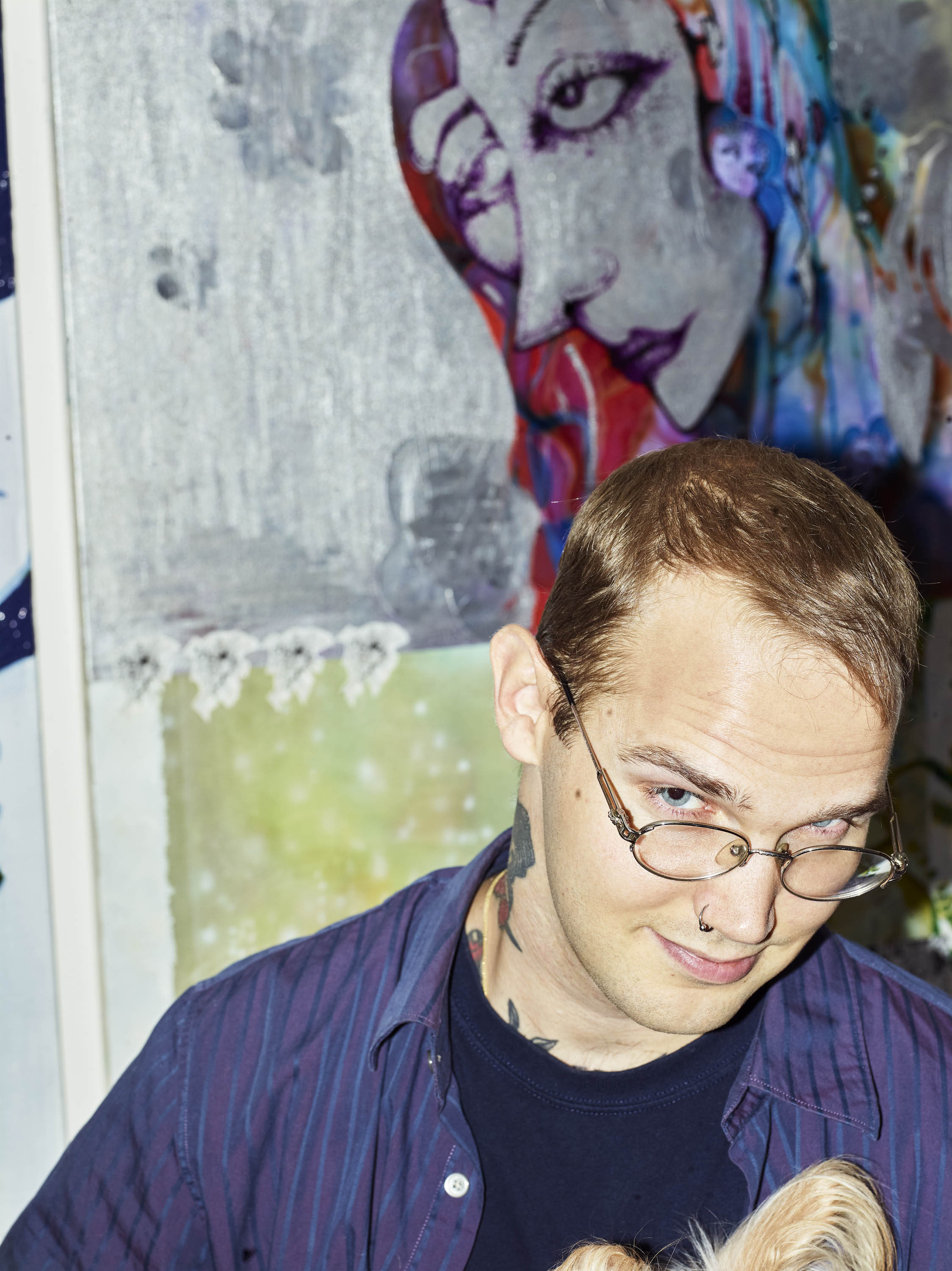 Will Sheldon and his dog, Misty, at his East Village home, 2018.