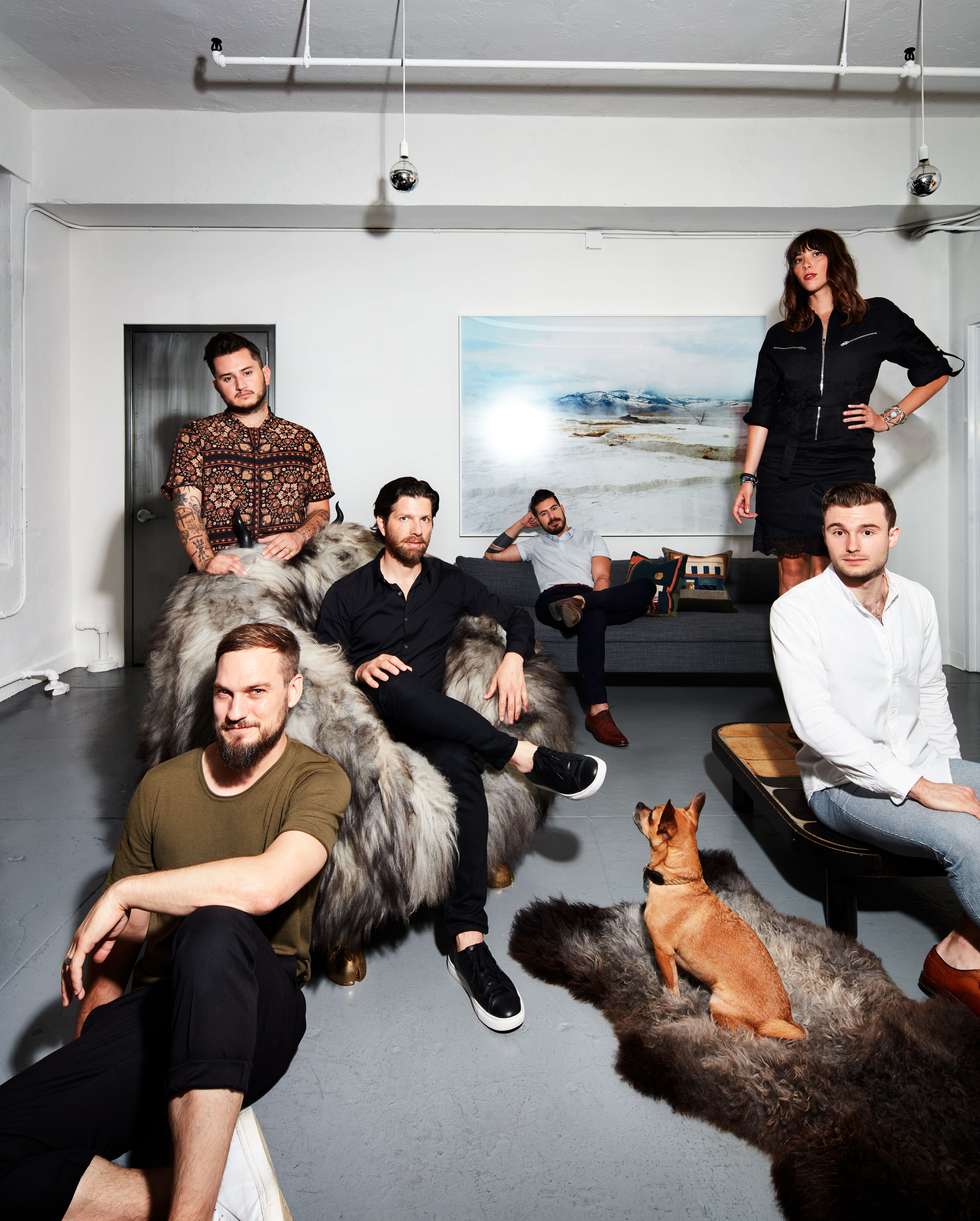 The Hoffman Creative team at their New York studio. Pictured from left to right: Jeff Albert (sitting), Omar Aqeel, Eric Hoffman, Joseph Ligotti (on sofa), Jasper the dog, Wren Sieber, Chris Paolini.