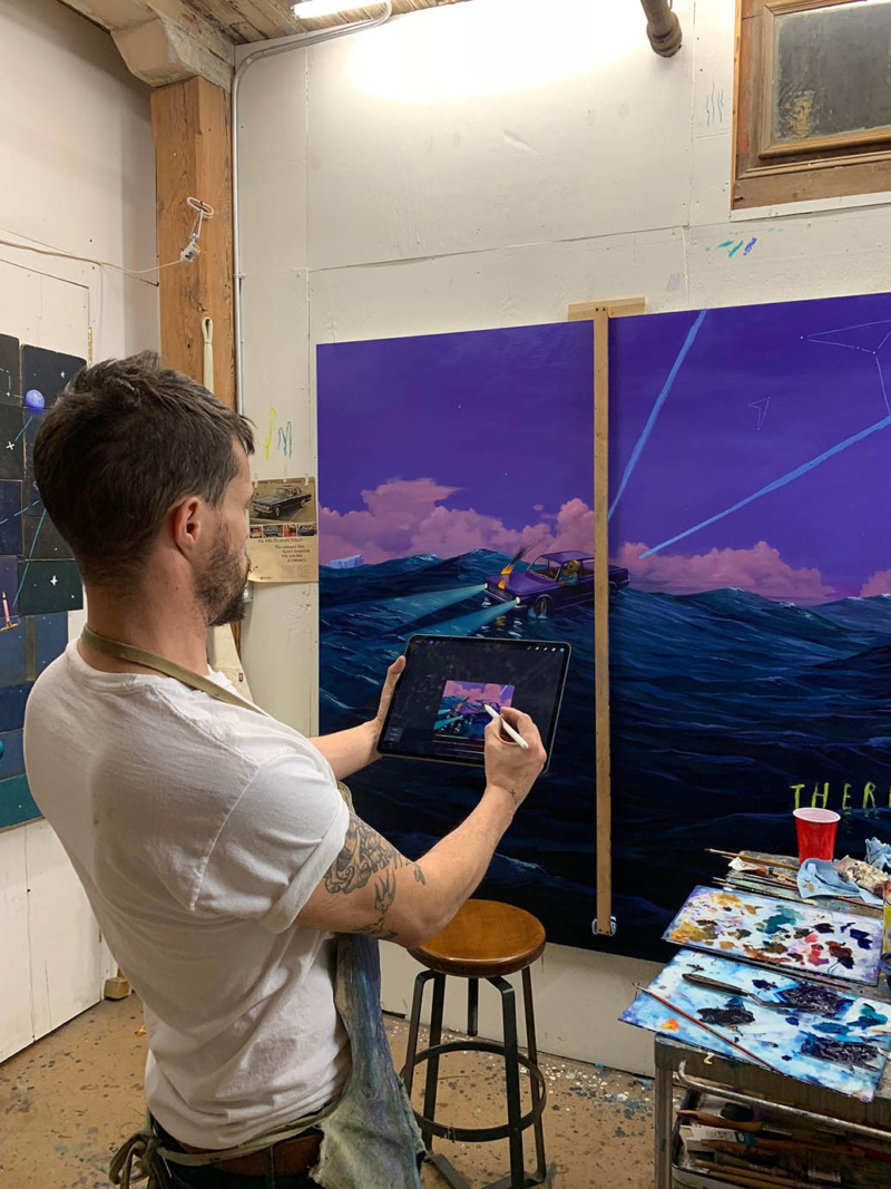 Oliver Jeffers comparing an iPad sketch to his painting None as Blind