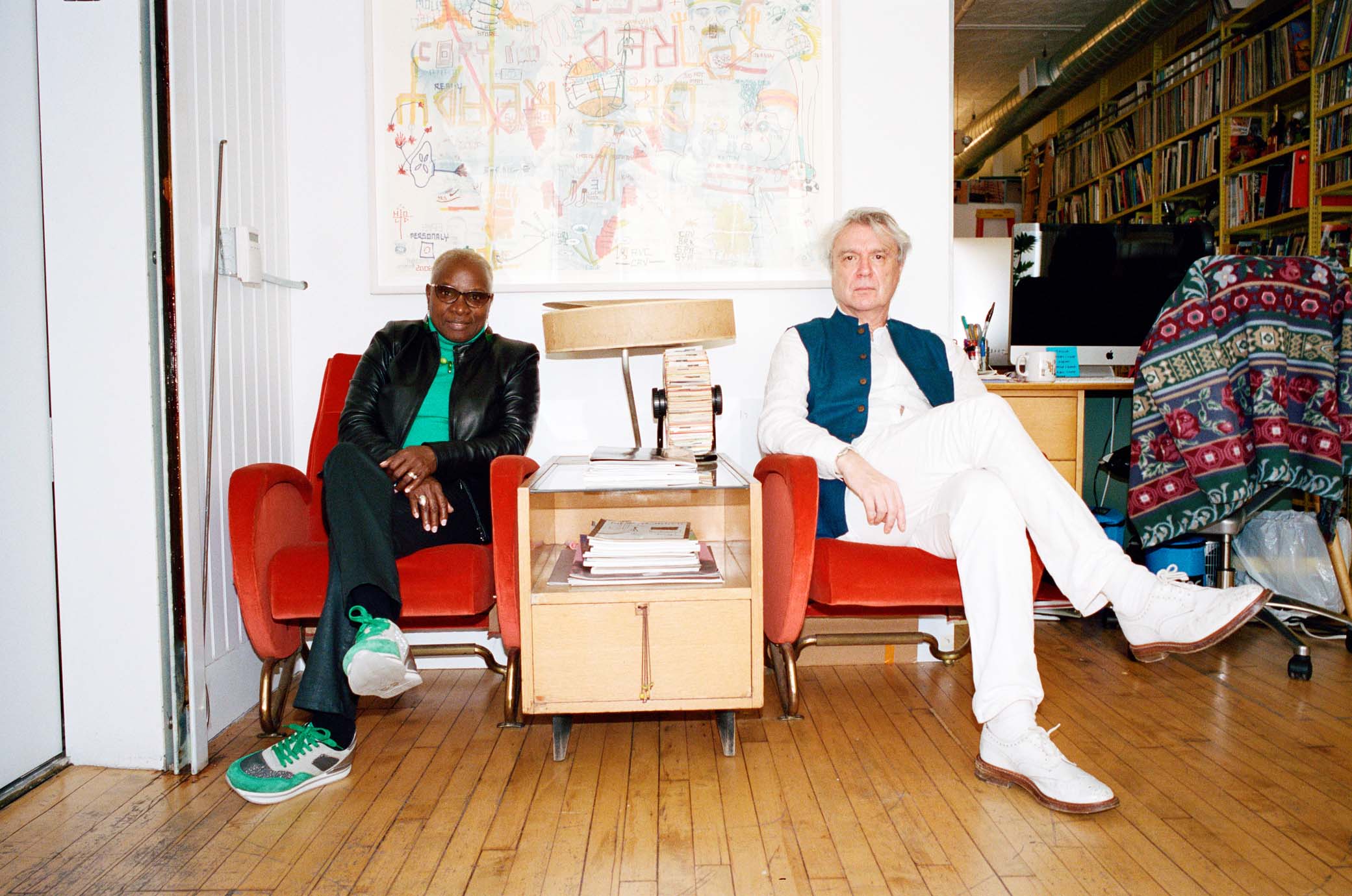 Angélique Kidjo and David Byrne in Byrne’s SoHo office space.