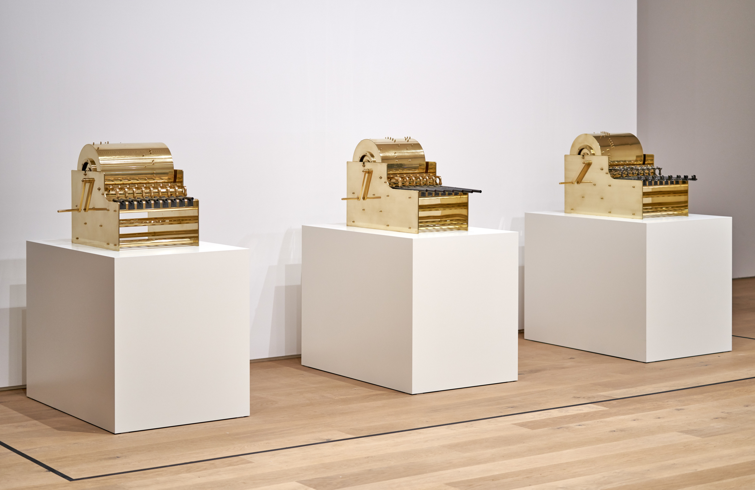 Pedro Reyes' Disarm Music Box (Glock/Mozart), Disarm Music Box (Beretta/Vivaldi), Disarm Music Box (Karabiner/Matter), 2020, Installation view Museum Tinguely, (l.t.r.) ​​​​​​​Courtesy of the artist © 2020 Museum Tinguely, Basel Photo: Daniel Spehr,  related to the artworks 