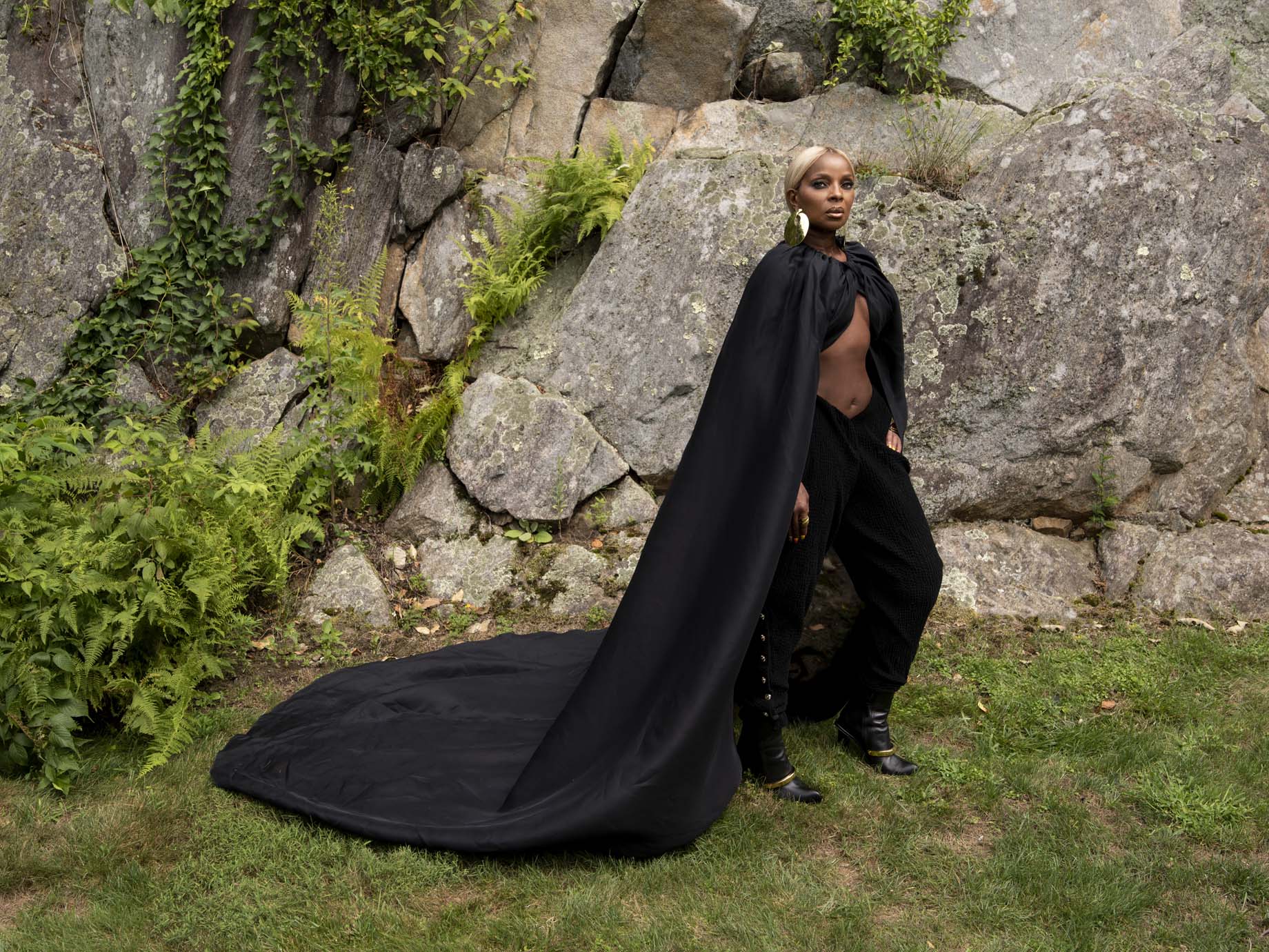 Styling by Jason Rembert. Blige’s makeup by Porsche Cooper hair by Neal Farinah. Blige wears Brandon Maxwell cape Chanel pants Alexander McQueen boots Lorraine West earrings Sterling King cuff and ring.