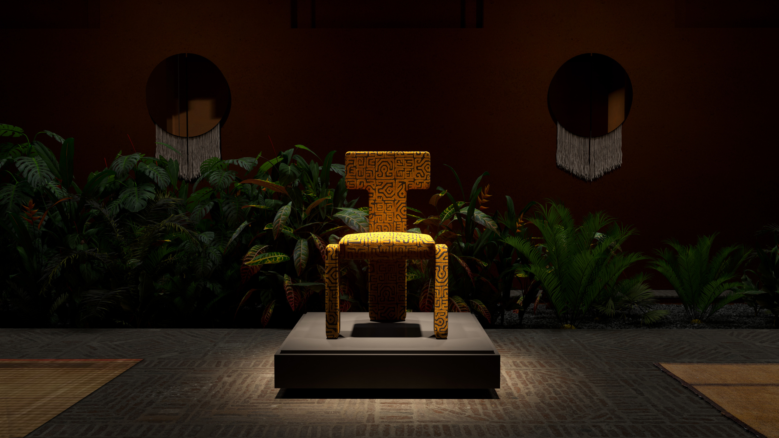 Mirrors by Ben & Aja Blanc hang behind a chair by TRNK Collection covered in a Kuba-inspired fabric. All images courtesy of TRNK.