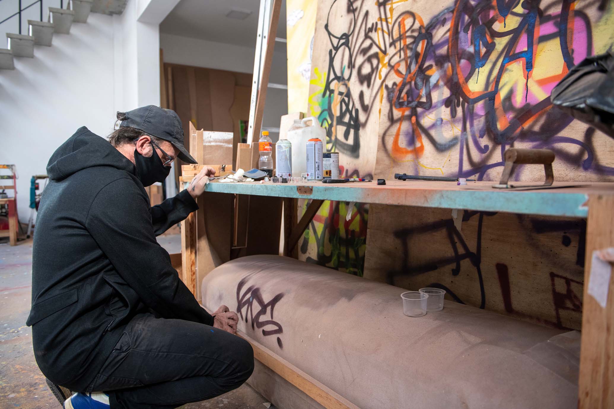 OSGEMEOS has left their mark on cities around the world, and in their studio they are constantly experimenting with new kinds of mark-making.