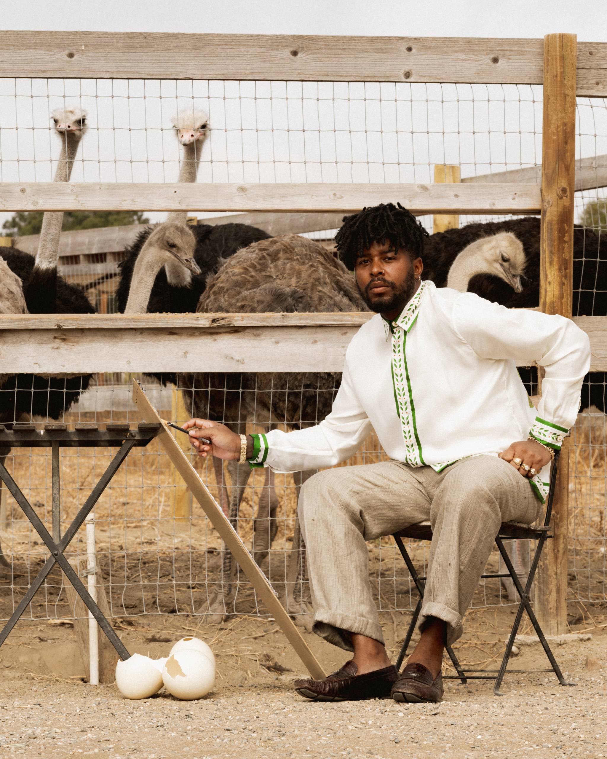 Ferrari Sheppard sketches next to a herd of ostriches. No one’s head is in the sand.