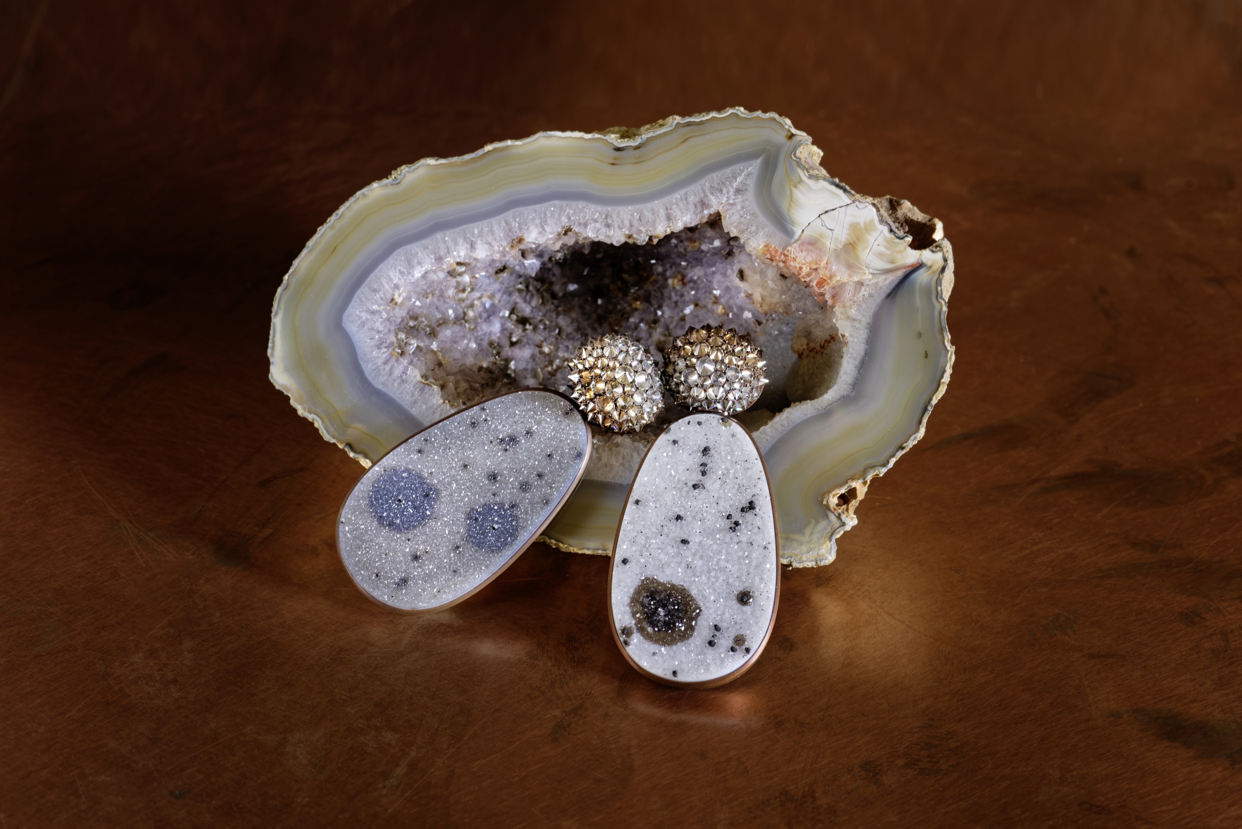 Hemmerle earrings, drusy agates, diamonds, bronze, white gold, price on application. Courtesy of Hemmerle.