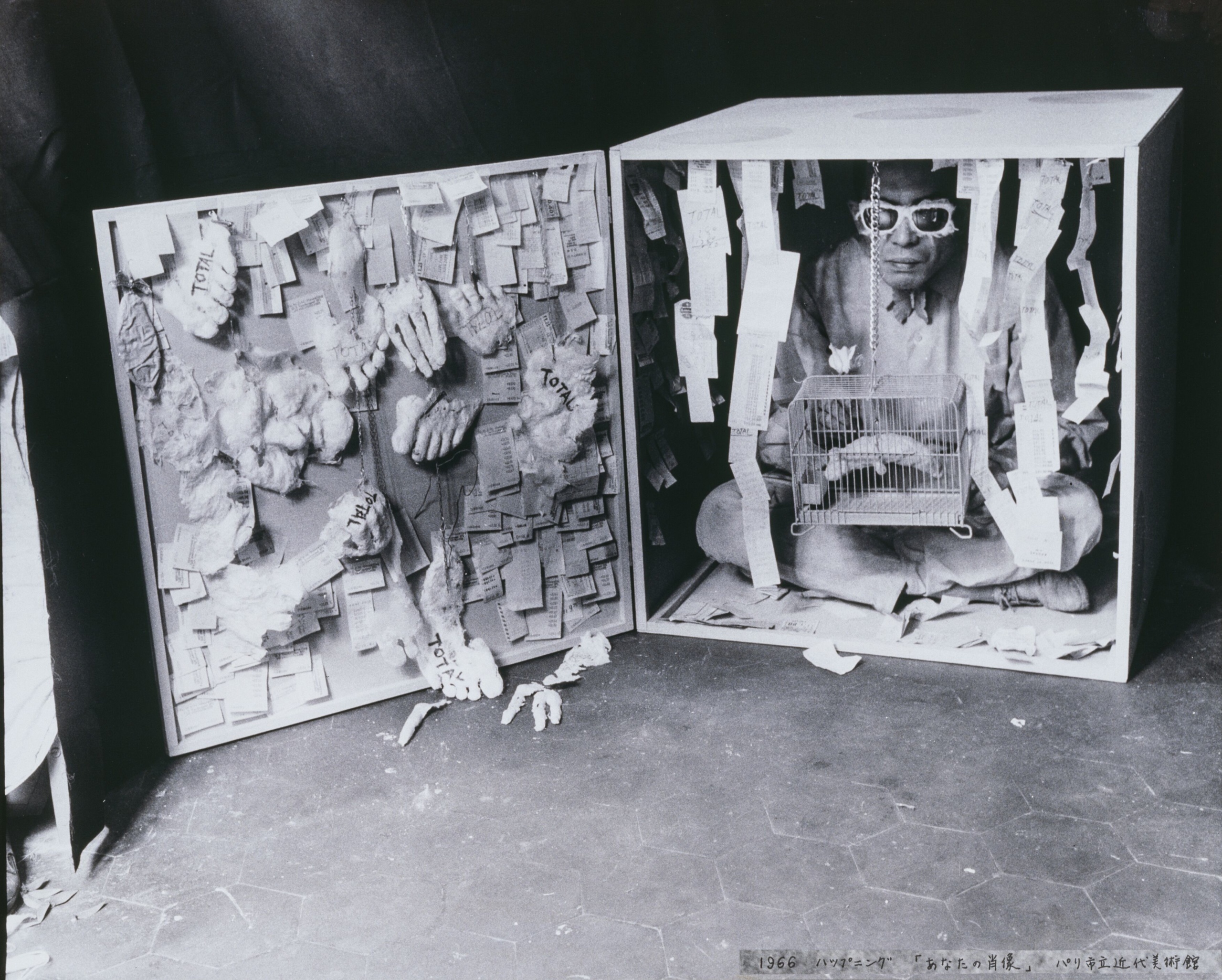 Testsumi Kudo performs the 'Your Portrait' Happening. This photograph was taken in his studio in Torcy, France in 1965. Photography by Hiroko Kudo. Courtesy Museum of Contemporary Art Tokyo, Hiroko Kudo and Hauser & Wirth © 2021 Artists Rights Society (ARS), New York / ADAGP, Paris.
