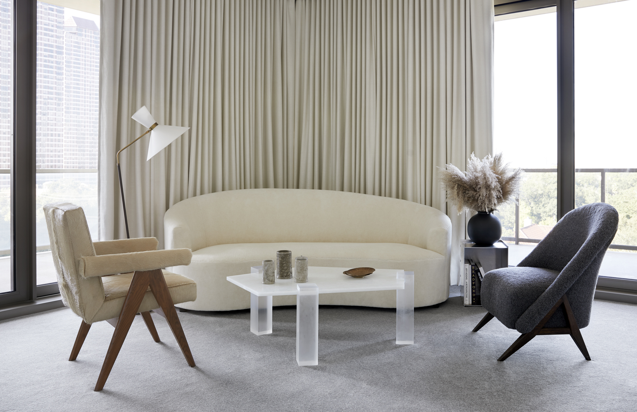 Chair by Pierre Jeanneret, custom sofa and coffee table designs by Brandon Fontenot, 1940s Scandinavian chair from M.Naeve. Photo by Uta Barth.