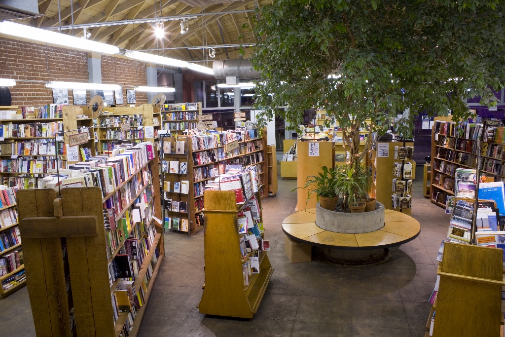 skylight books inside, with large tree at the center of bookshelves